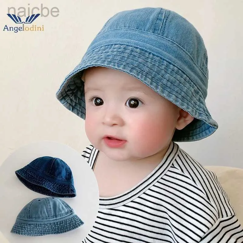 Caps hoeden opvouwbare baby denim emmer hoed vintage kinderen zonbeveiliging caps zomer visser hoed winddichte riem jongens meisjes zonneschade hoed d240425