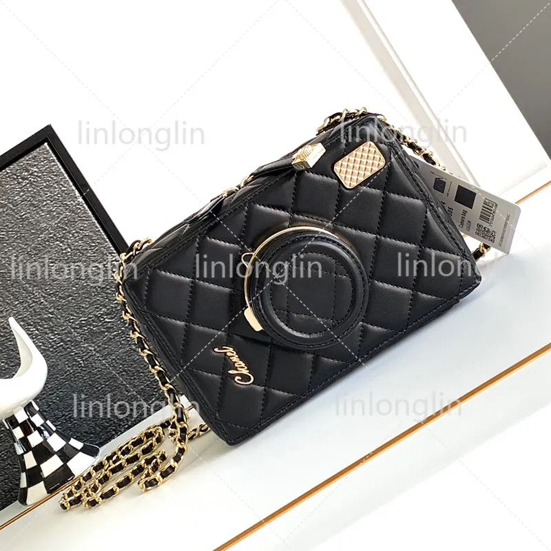 10A Nuovo sacchetta da 24Ss per fotocamera di alta qualità Banche per la fotocamera di lusso di lusso in pelle vera elabora da donna in pelle Lady Lady Black White Cross Gollo Hollow Gold Chain Cross Body