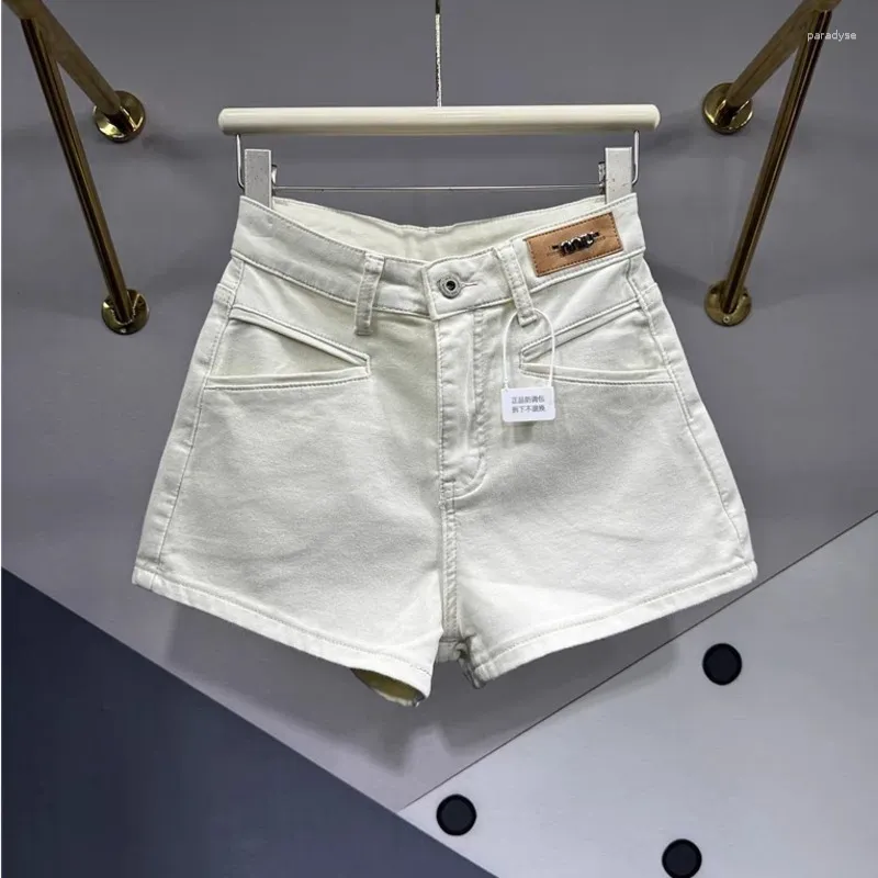 Shorts femininos distintos de bolso oblíquo jeans 2024 Spring Summer Summer All-Match Slimming A-Em forma de perna larga calças de perna