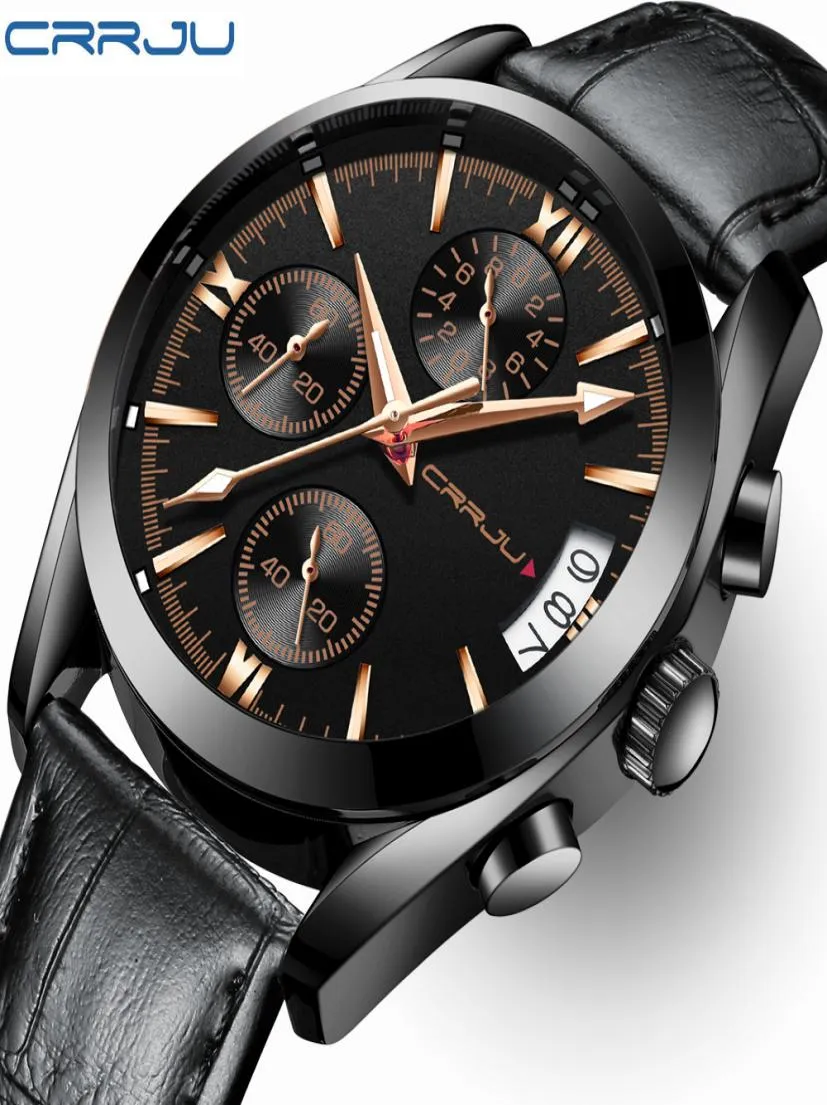 Crrju mężczyźni zegarki wojskowe męskie czarne wybieranie kwarcowego zegarek Men039s skórzany pasek wodoodporny data zegara wielofunkcyjna WATC6524933