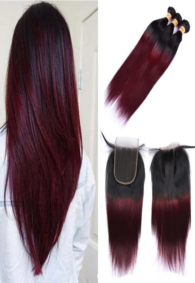 Braziliaanse ombre Bourgondische menselijke haarbundels met sluiting gekleurd 1B99J Braziliaanse rechte maagdelijk haar Weave Extensions met kant 1493813