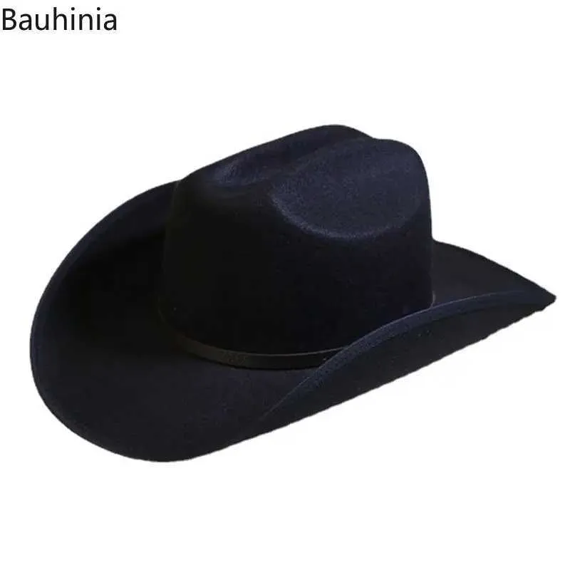 Breda randen hattar hink hattar bauhinia ny vintage svart västerländsk cowboy hatt för män kvinnor bred grim gentleman cowgirl jazz hatt kyrka sombrero hombre kepsar y240425