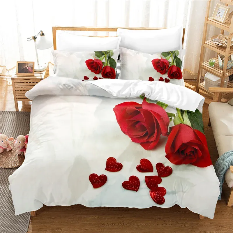 Conjuntos de roupas de cama de rosas vermelhas Conjunto de edredão de flor 3d Conjunto de cama 3d Moda macia menina de cama king sing de cama de casal conjunto de edredão