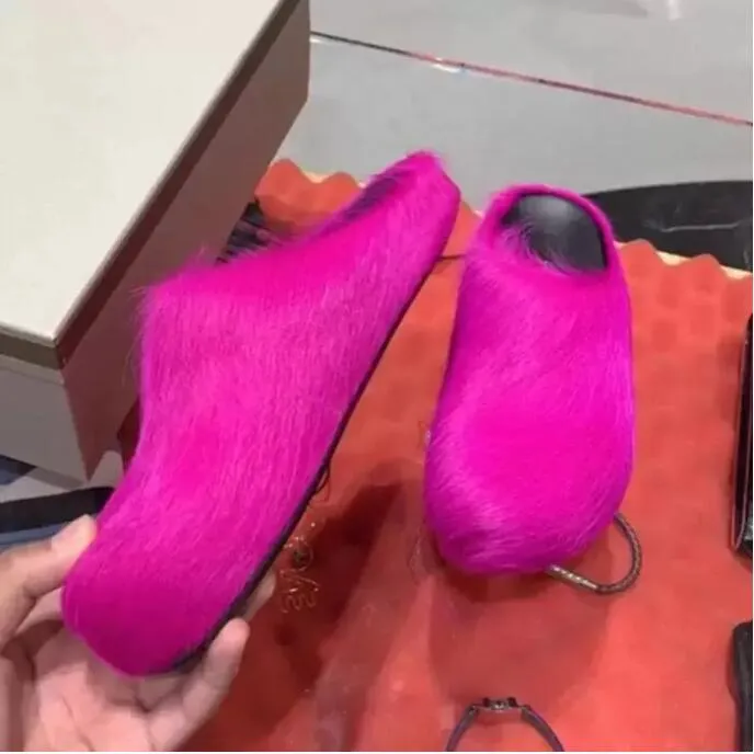 サンダル MARNI Pink Fur Slippers Womens Fashion Fluffy Pink Slipper Boots With Round Toe And