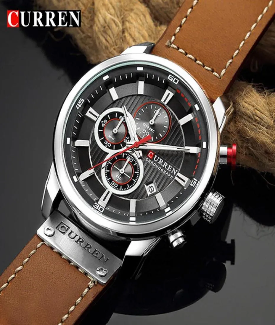 Hommes Regardez Curren Top Mens Chronograph Sport Watch Male Male Male Termroproping Leather Army Quartz Analog Clock 82912468321