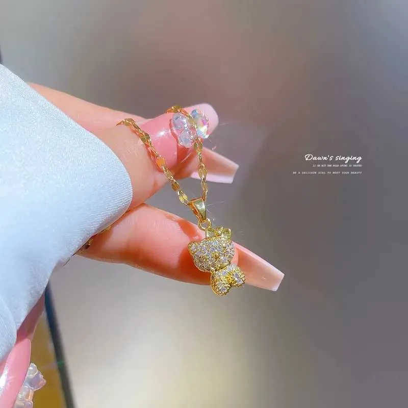 Necklaces Stainless Steel Gold Color Plated Pendant Supplies Micro Pave Zircon Beautiful Cat Bowknot Love Necklace For_voghion.com