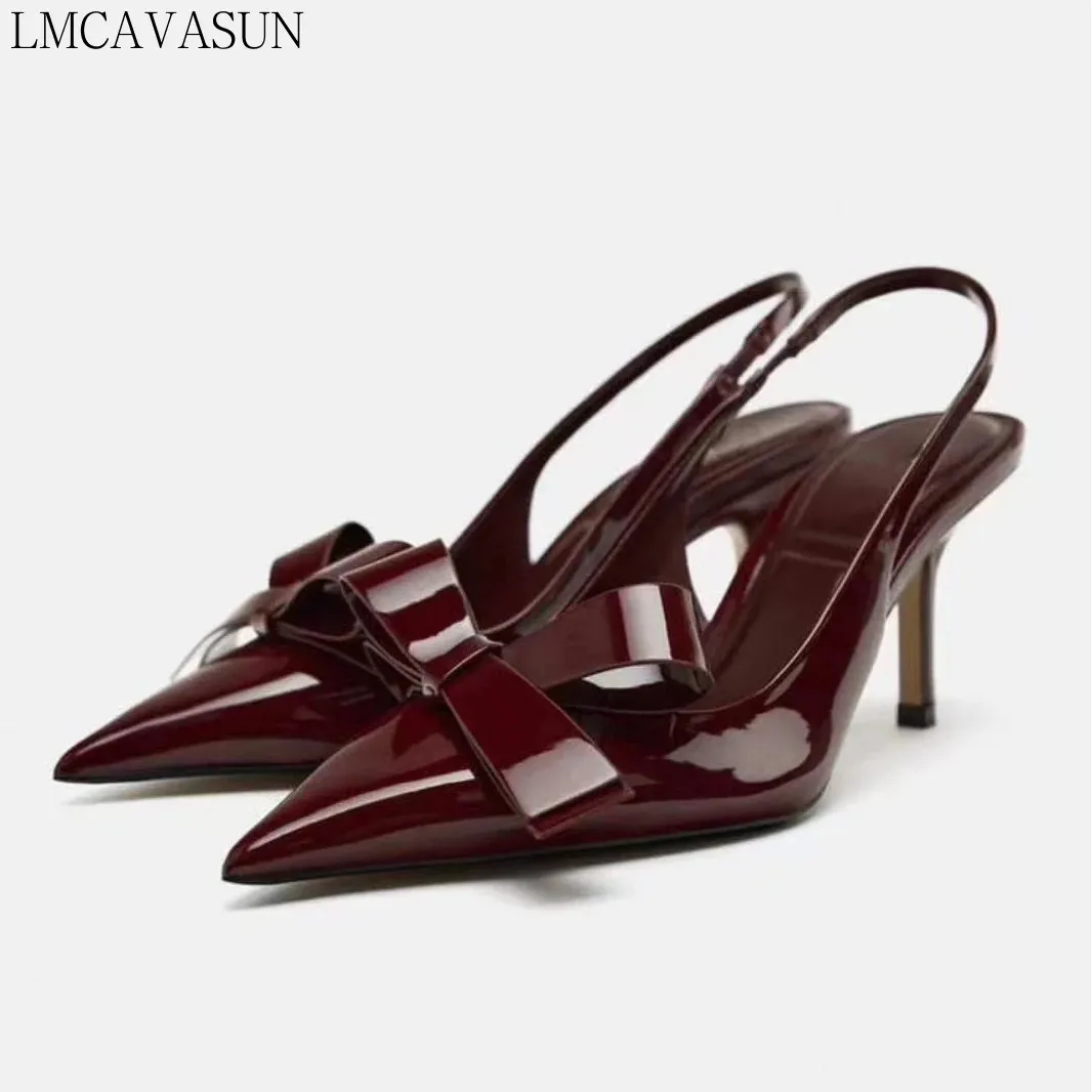 LMCAVASUN Woman Leather Bow Heels Elegant Solid Slingbacks Sexy Stiletto Shoes For Women Luxury Pointed Wedding Shoes 240422