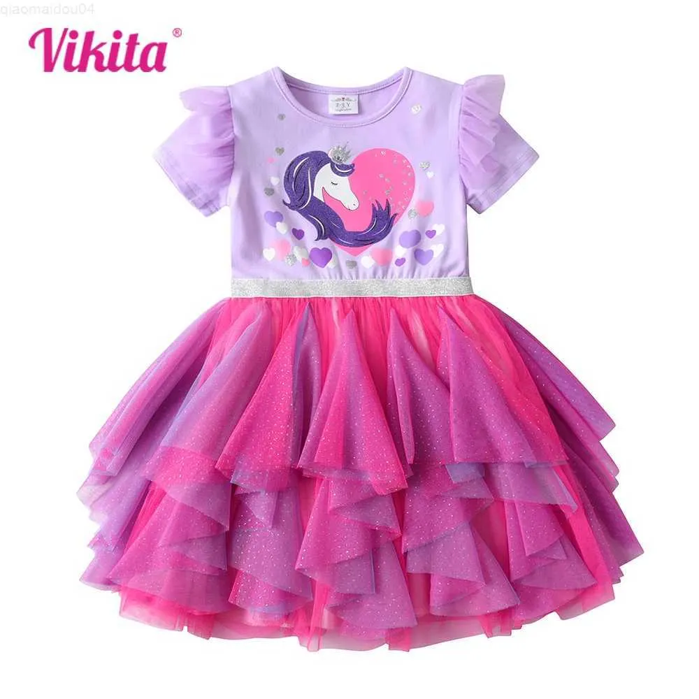 Robes de fille vikita filles de coeur de coeur robes enfants manches courtes robes d'été enfants en tulle gâteau en couches irrégulières