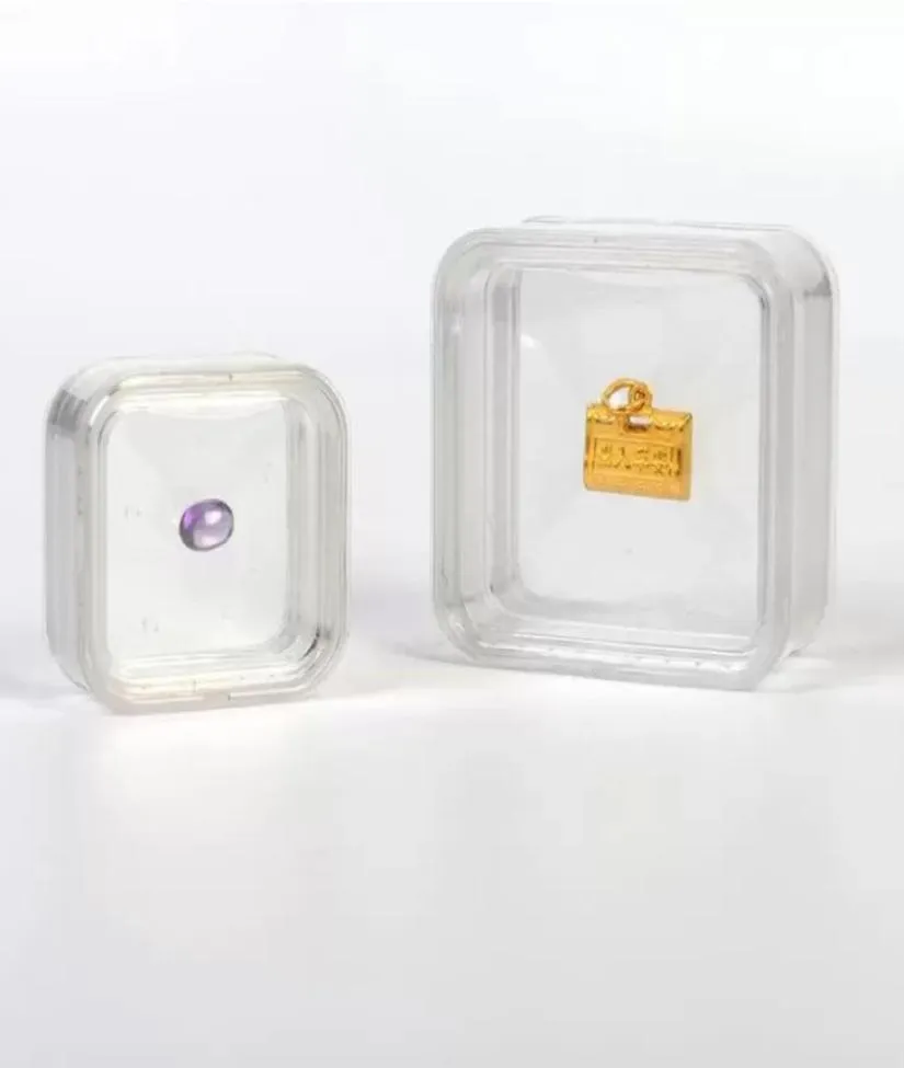 100st 55x55mm Transparent Floating Display Case Earring Gems Ring Smyckesupphängning Förpackning Box Pet Membrane Stand Holder GG025331093