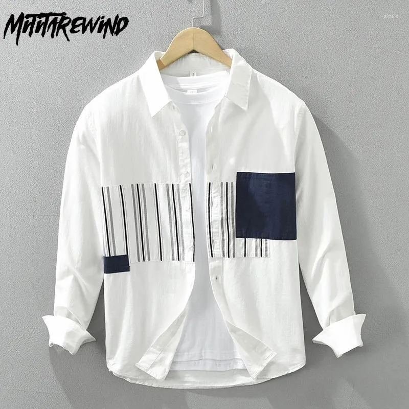 Casual shirts voor heren met lange mouwen witte shirt mannen Spring Street Causale mode katoenen kleding losse reversstreep lapwerk