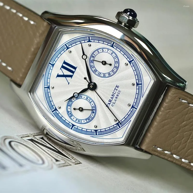 Wristwatches FARASUTE Men Luxury Watch 36mm Tonneau Quartz Wristwatch Classic Thicknee 9.4mm Sapphire Mirror Multi Dial Week Date VH64