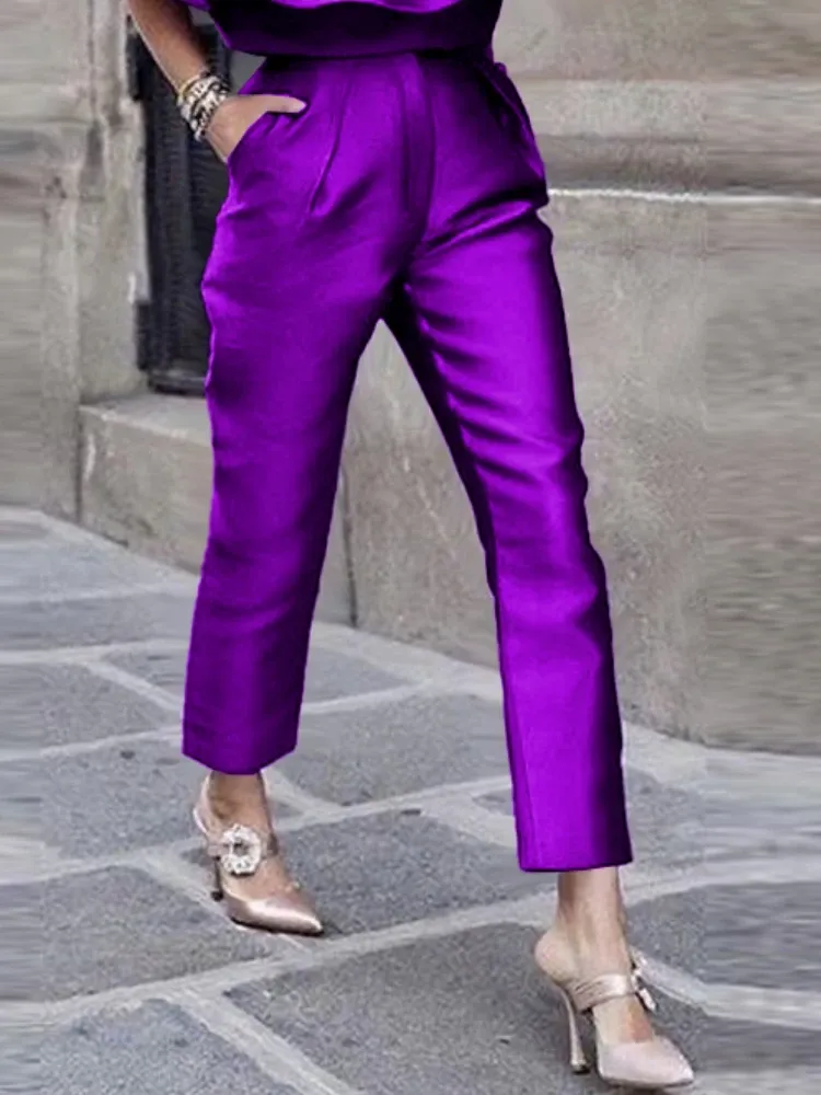 Capris women Pants High Elastic Waist Purple Summer Office Lady Work Casual Pencil Capris with Pocket