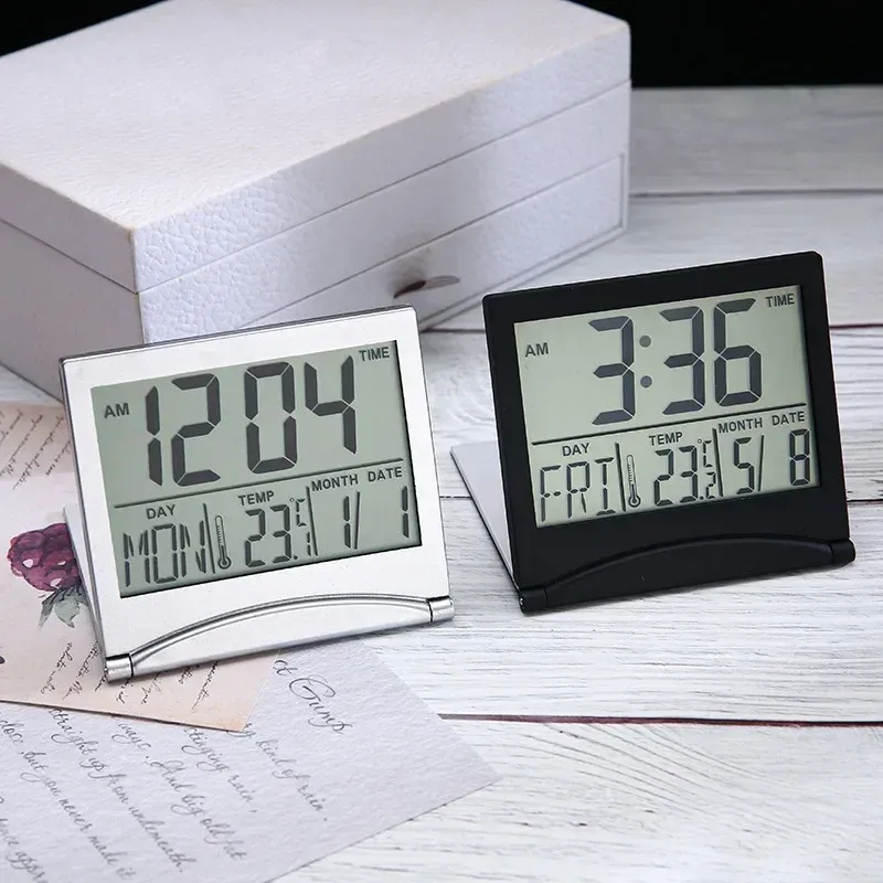 Klockor Elektronisk vikbar LCD -Digital Alarmklocka Desktop Temperatur Hygrometer Klock Väderstation Desk bordsresor miniklocka