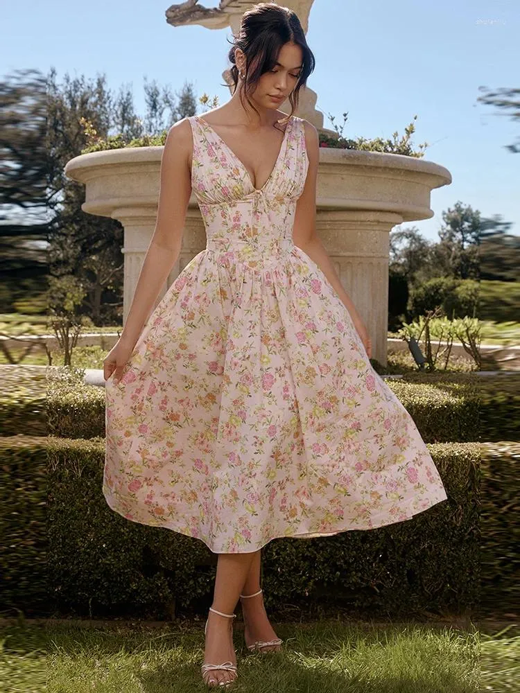 Women's Summer Casual Sleeveless V-Neck Floral Print A-Line Midi Dress for  Beach Holidays