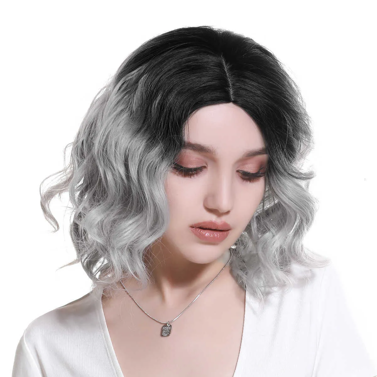 womens center split fluffy and fashionable gradient color short curly hair Wig synthetic fiber wig full set