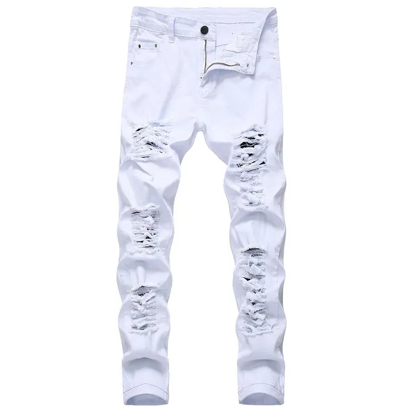 Menses White Jeans Fashion Hip Hop rasgados Men delgados Pantalones de mezclilla Slim Fit STRING Pantalones con cremallera de jean de alta calidad 240417