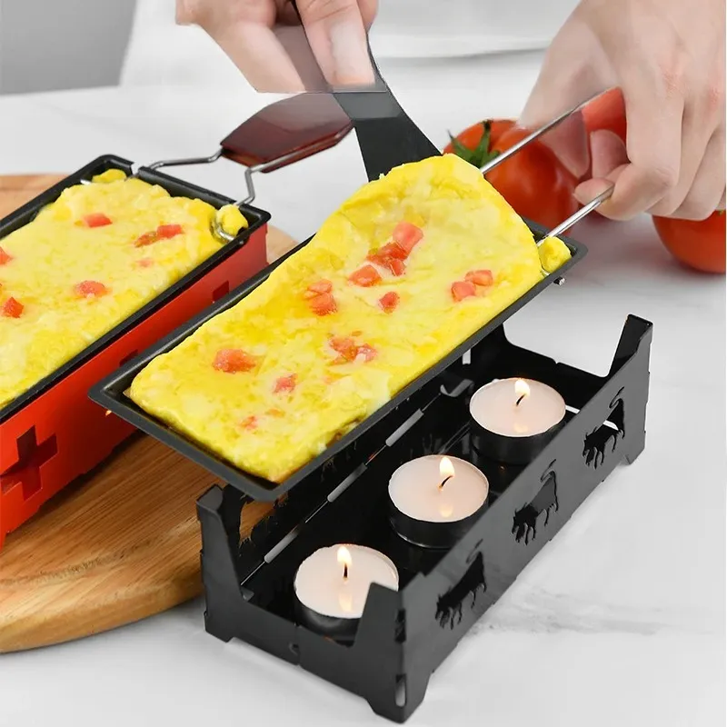 2024 Metal Karbon Çelik Mini Peynir Raclette Yapışmaz Kaplama Mumları Spatula Cook Set Isıtmalı Pişirme Tepsisi Katlanabilir Tutam Yapılı Peynir Seti için