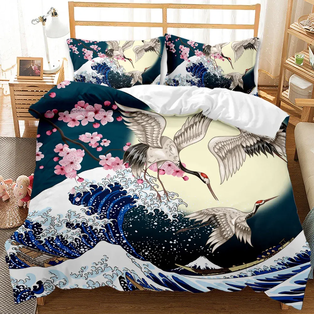 sets Japanese Style Comforter Cover Set Cherry Blossoms Crane 2/3pcs Polyester Bedding Set Sea Waves Duvet Cover Set Twin Queen Size