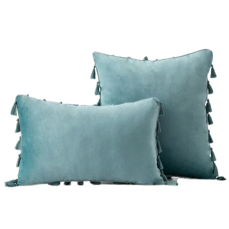 Oreiller inyahome eau bleu velours doux moucheau décoratif solide soft couvercle de coussin de coussin boho à franges franges pour canapé-lit pour canapé
