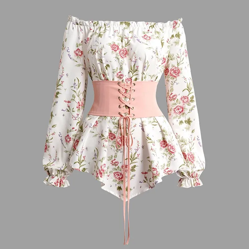 Mulheres fora do ombro Blusa Floral Prifé Flugh Belt Corset Belt Belra