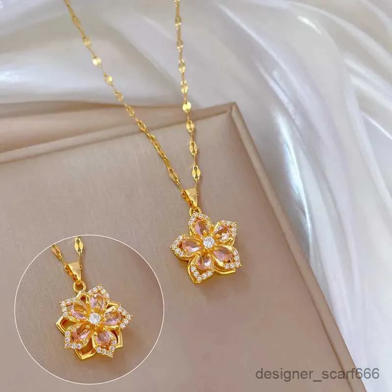 Rotating Flower Pendant Necklace Stainless Steel Minimalist_voghion.com