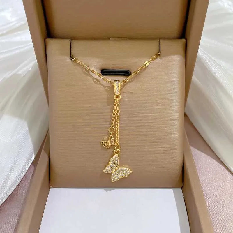 Necklaces Multilayer Jewelry Stainless Steel Tassel Pendant Shell Butterfly Necklace For Women Party Cuban Choker_senzul.com