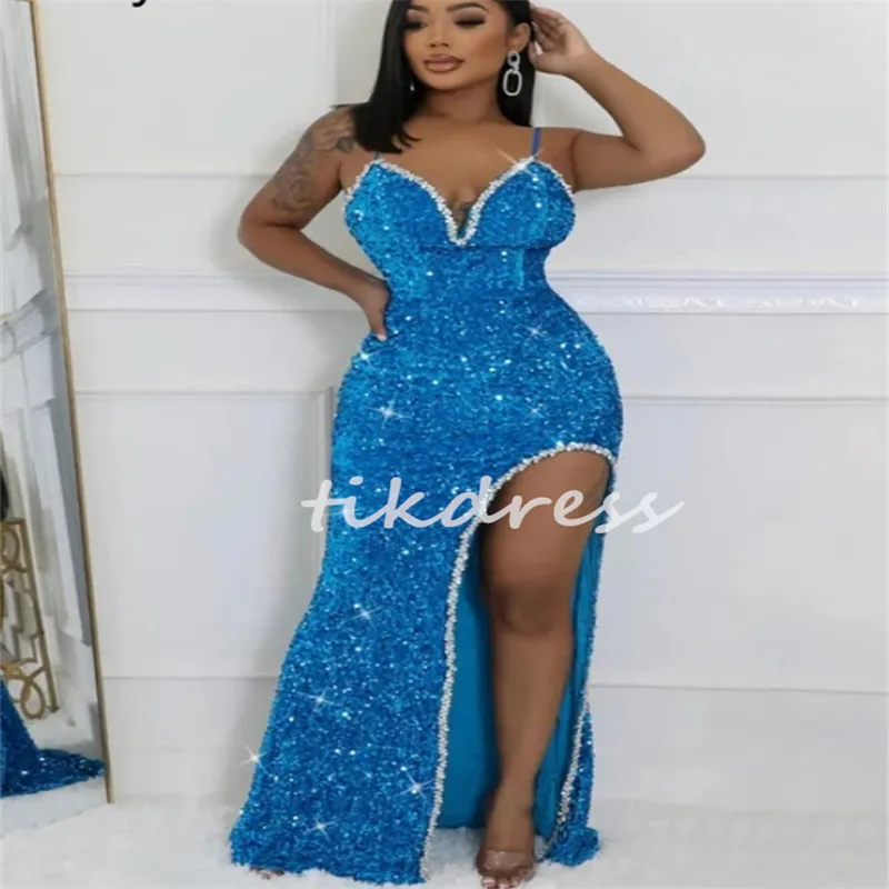 Shine Blue Sequin Sukienki na studniówkę z Spit Seksowną błyszczącą syrenę Afrykańską suknię wieczorową w rozmiarze Spaghetti Formalna sukienka taneczna z koralikami szesnastoma urodzinowymi imprezą 2024