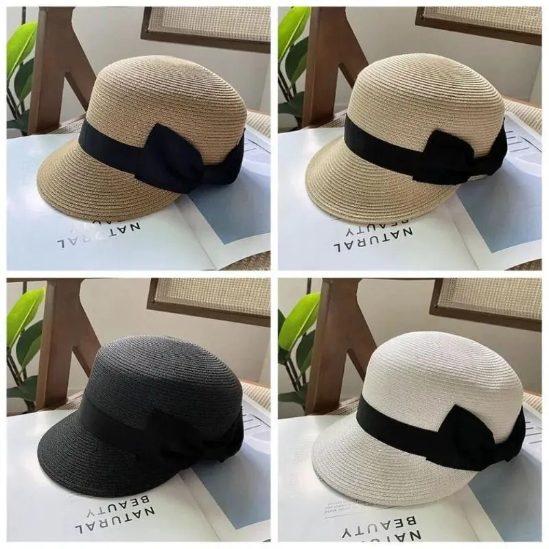 Visir Woven Sun Hat Wide Brim Solid Color Straw Breattable Lightweight Women Bow