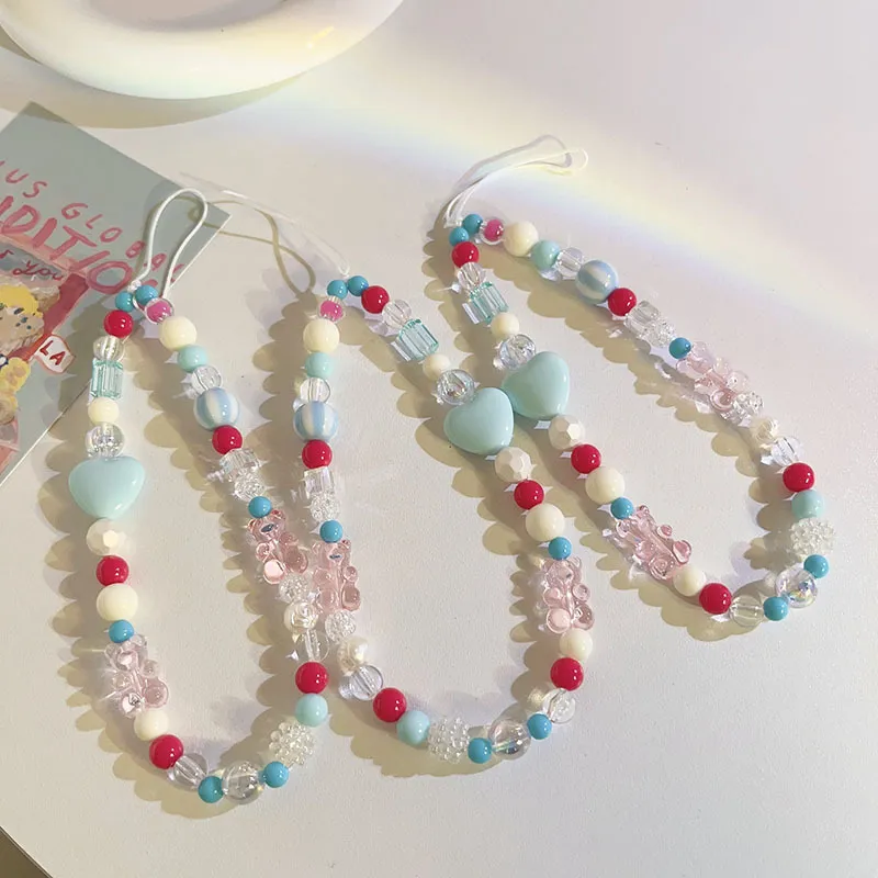 Trendig kristallpärl mobiltelefon hänge charm dekorativa lanyards för telefonkamera hörlurar söta flickor hjärtnyckelkakor