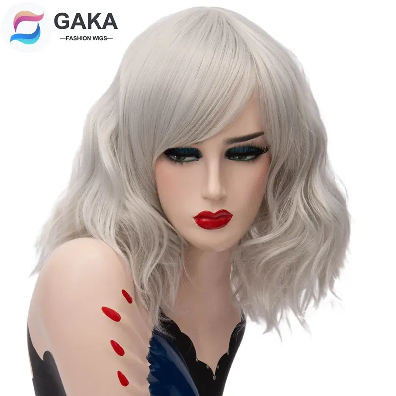 Wigs GAKA Short Wig Grey White Natural Wavy Cosplay Red Wig with Side Bang for Women 32 Colors Party Costume Natural Synthetic Hair