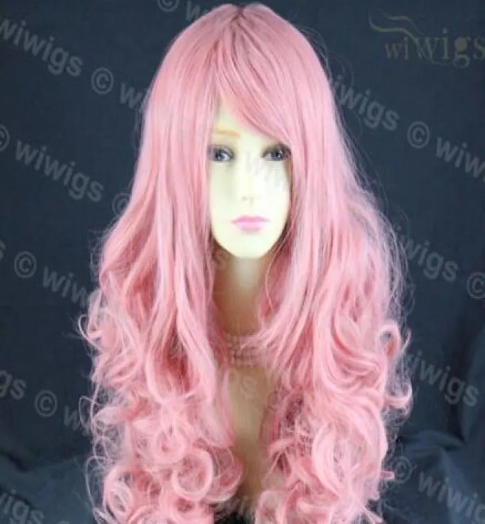 Stunning Long Curly Milk Pink Ladies Wig Skin Top Cosplay Wavy From WIWIGS UK9539000