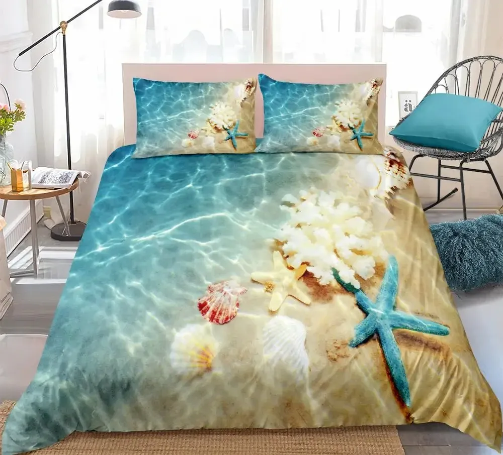 Zestawy zestaw pościeli oceanicznych Coast Plaży Zestaw Zestaw Blue Starfish łóżko Dzieci Teno -skorupa Tekstyles Letni łóżko kołdra okładka