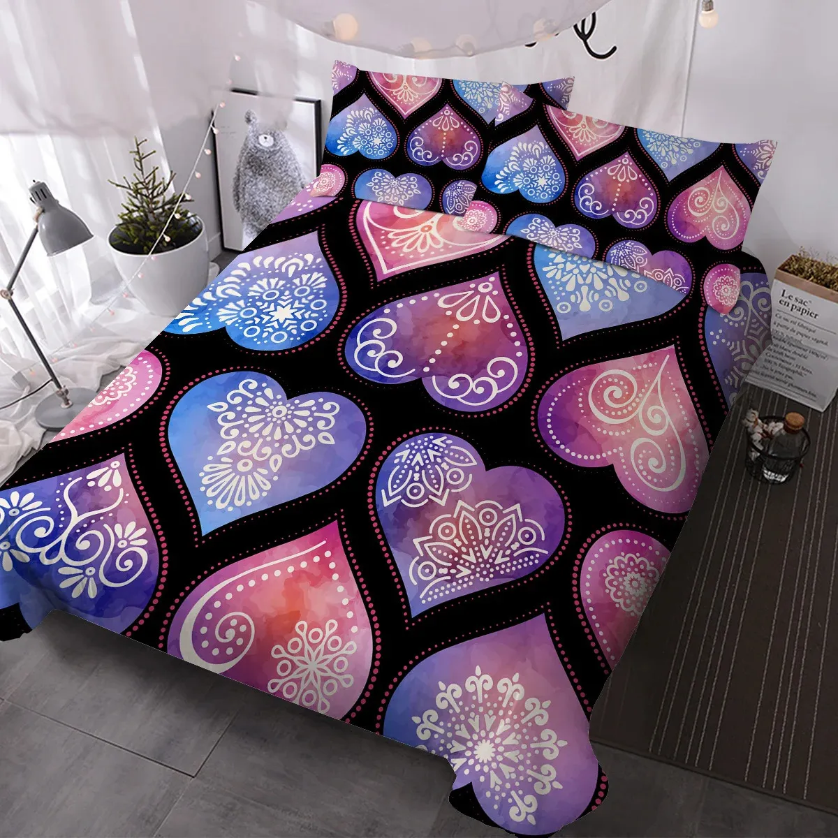 Heartshaped Mandala Design Bedding Set Decorative 3 Pieces Däcke Cover med 2 kuddskamar för familjens hemsäng 240425