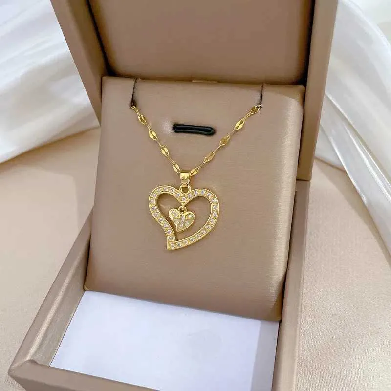 Pendant Necklaces Classic Double Love Jewelry Light Necklace Fashionable Personality Versatile Stainless Steel Clavicle_voghion.com