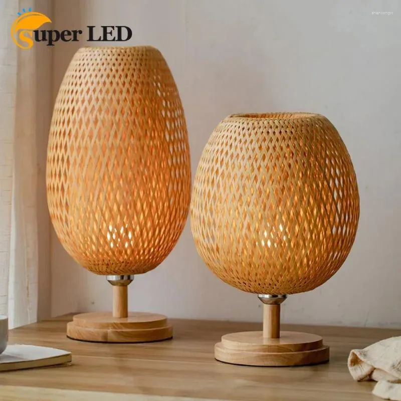 Table Lamps Bamboo Lamp Handmade Wooden Bedside Vintage Living Room Decoration Night Light For Bedroom Camping Desk