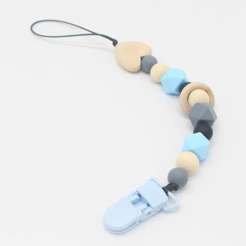 Silicone and Wooden Beads Dummy Clip Holder Cute Pacifier Clips Soother Chains Baby Teething Toy for Baby Chew