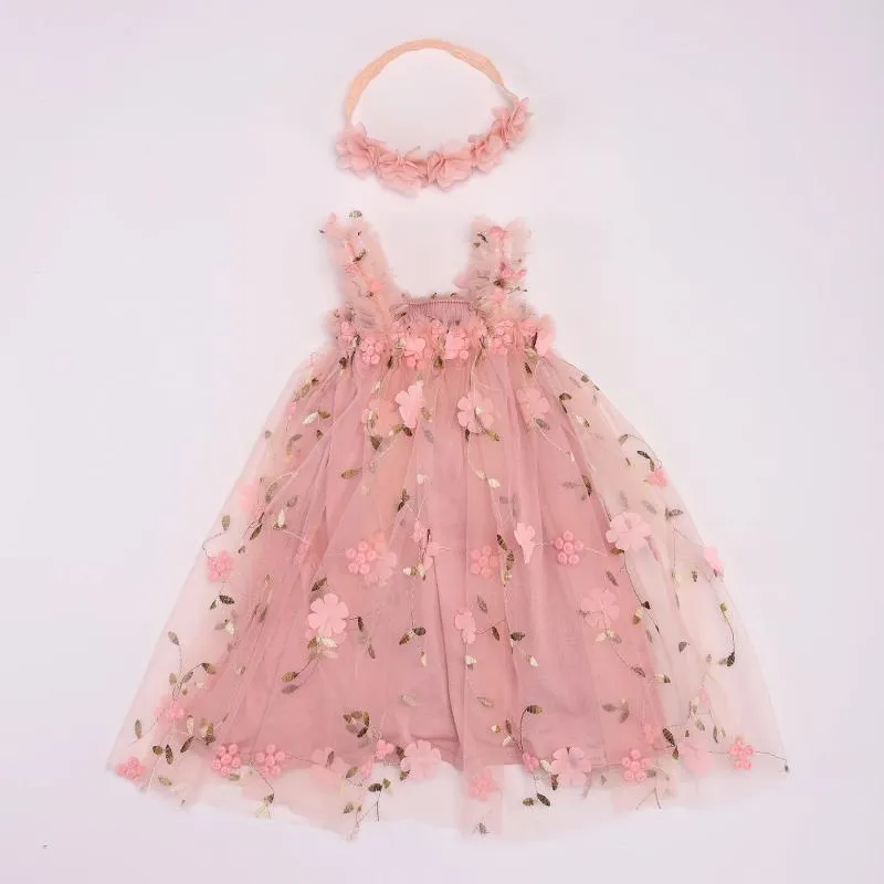 Robes de fille en bas âge pour bébé bébé fille tutu robe sans manches broderie à imprimé floral en tulle petite princesse avec un bandeau de fleur