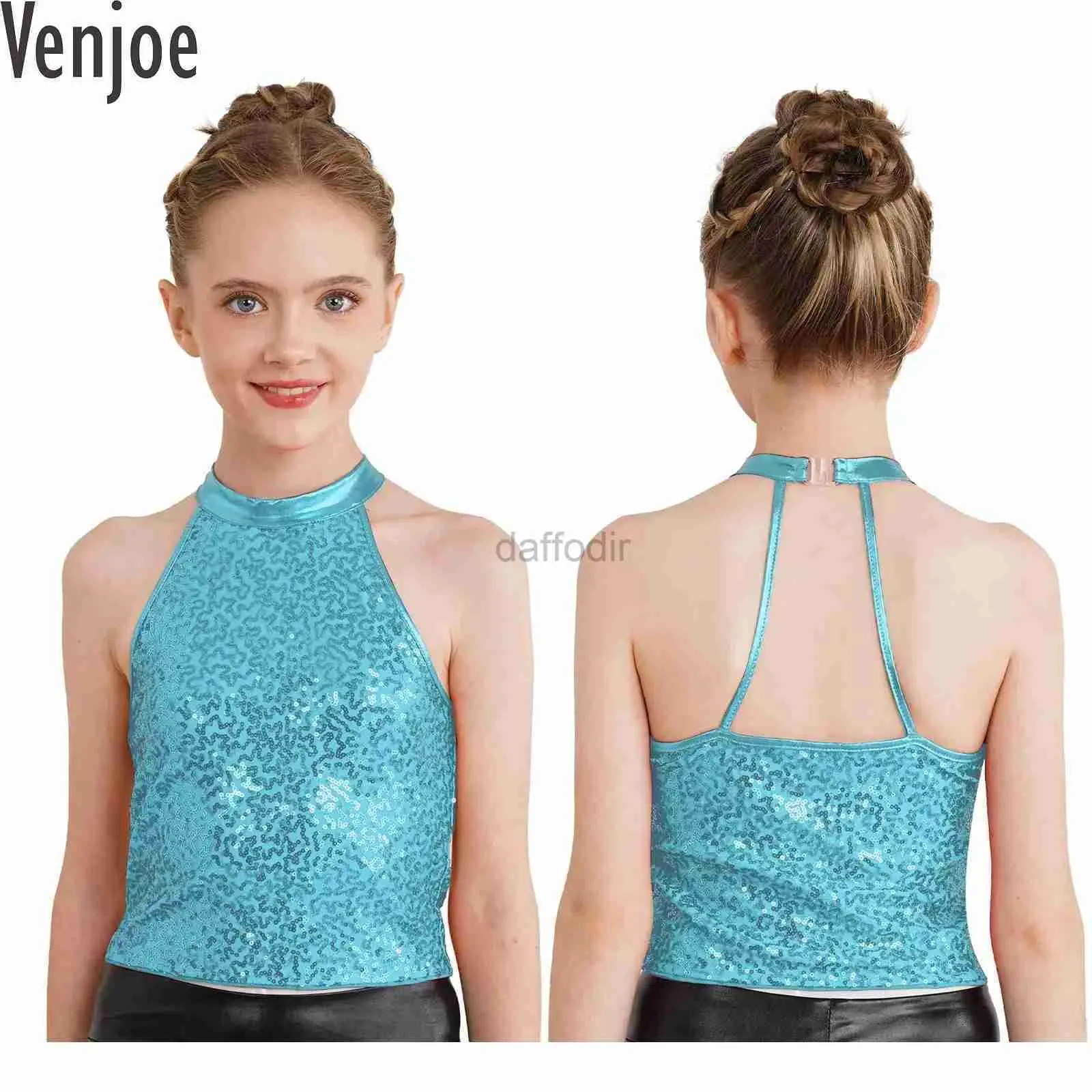 Stage Wear Kids Girls Sparkle Sequin Jazz Dance Kostuum Halter Crop Top Mouwloze Backless Top Cheerleading Gymnastics Stage Performance D240425