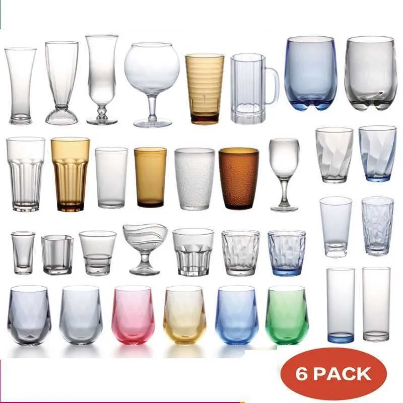 Tumblers Acrylic Beverage Glass Set Återanvändbar Drum Non Fragile Plastic Cup Diskmaskin Säkerhet 6 Pack H240425