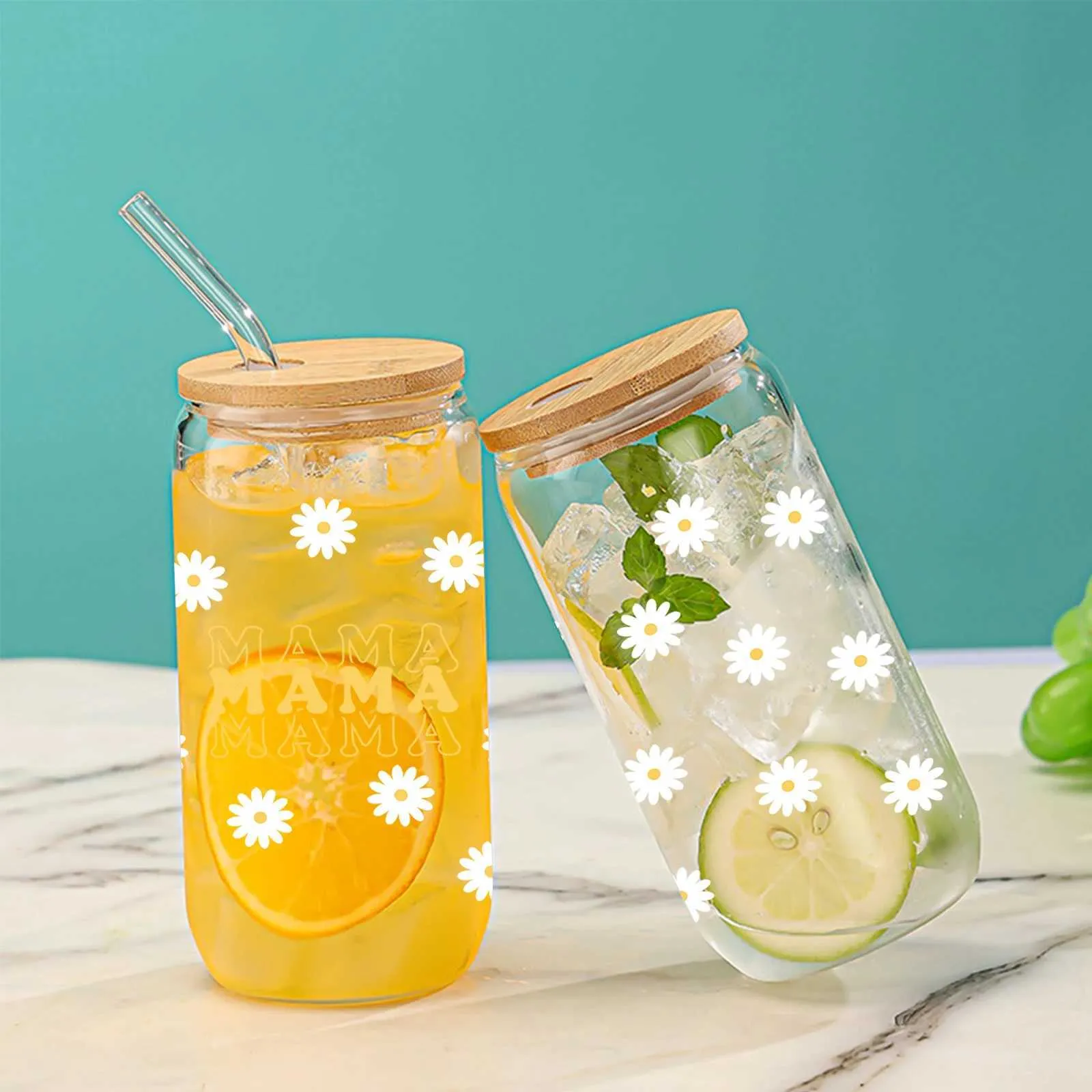 Tumblers Small Daisy Pattern Clear Drinking Glass Can With Bamboo Lid And Straw Juice Cup For Hot/Cold Drinks Drinkware Mothers Day Gift H240425