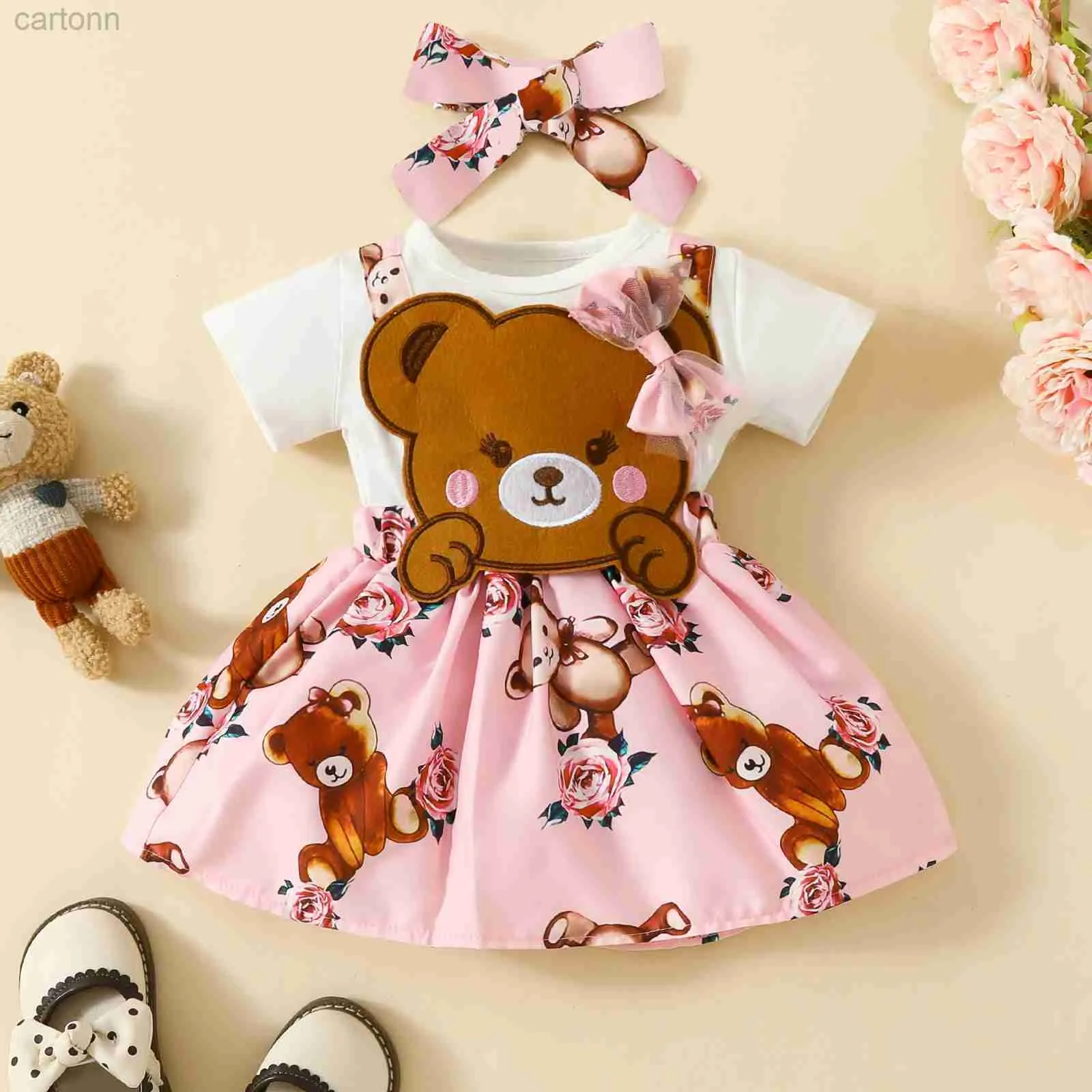 Vestidos de niña lindo dibujos animados oso bebé vestido de manga corta para bebés de manga corta de manga corta falda de arco d240425