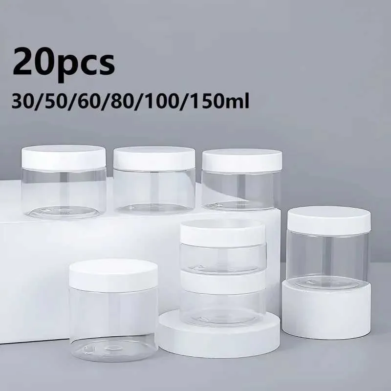 Förvaringsflaskor burkar 20 30/50/00/00/10/150 ml tomma plastburkar med vitt lock ansiktskrämbehållare mat resor flaskor hushållsvaror h240425