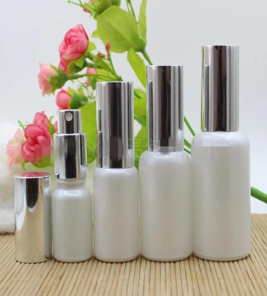 10 20 30 50ML Pearl White Glass Spray Bottle Fine Mist Atomizer Fragrance Parfym Prov Vial With Silver Pump Essential Oils Arom8552122
