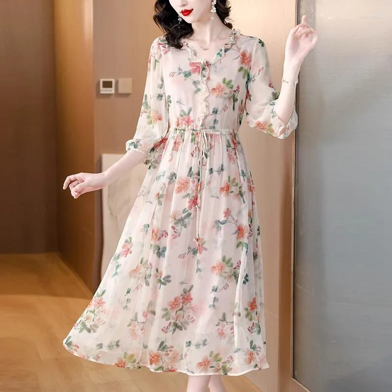 Casual Dresses Long Dress Women Summer 2024 French Style Three Quarter Sleeve Chiffon Elastic midja V-ringningshuvudsbildfärg