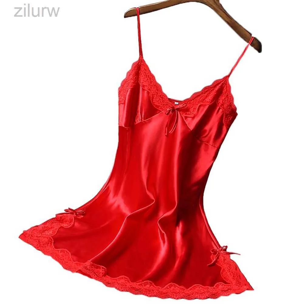 Sexy Pyjamas heiße Frauen sexy Kleider Satin sanft nachts spaghetti gurt spitzen dessous pally Damen glatte Pyjamas Wickelkleid D240425