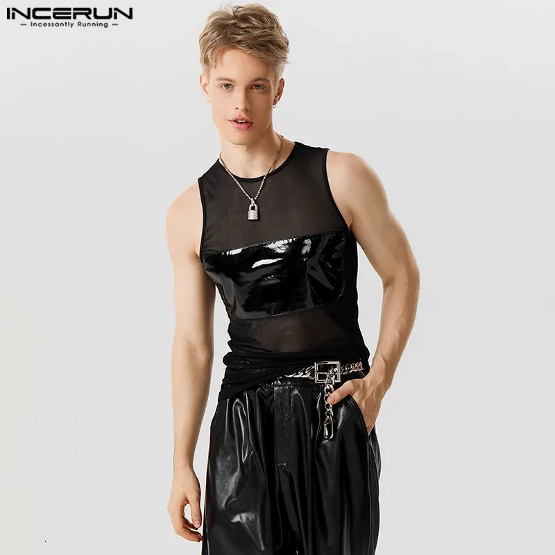 Incerun Tops American Style Mens прозрачный сетчатый пэчворк в жилеле.