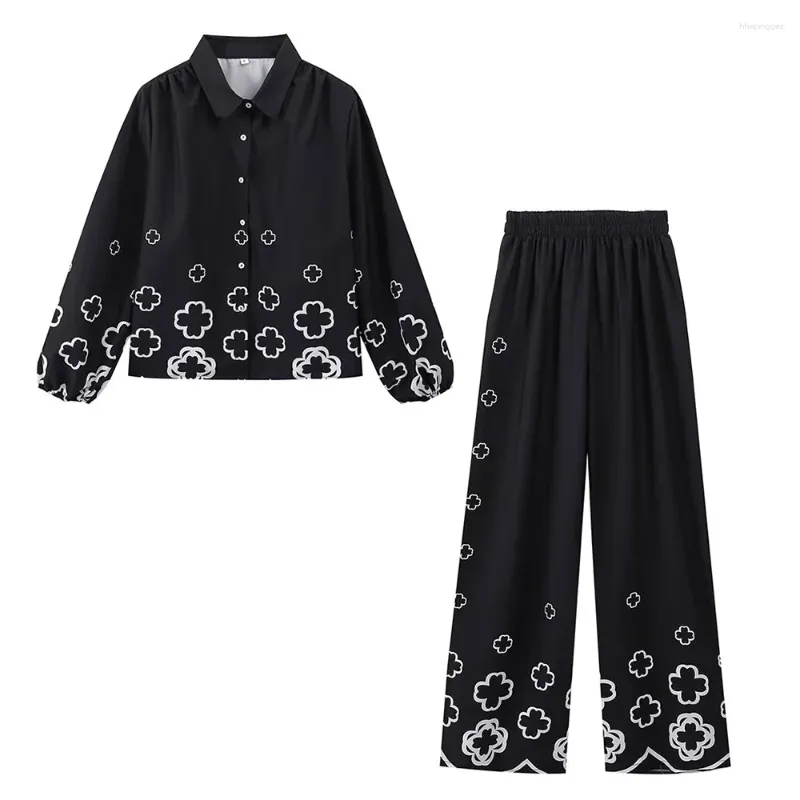Women's Two Piece Pants Spring/Summer 2024 Fashion Comfortable Print Retro Long Sleeved Button Shirt Top High Waist Set