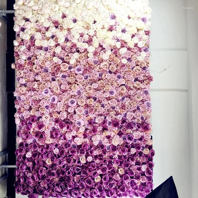 Fleurs décoratives spr 2,4m 3m Mariage en soie violette ombre fleur mural fond artificiel rangée et arc fore