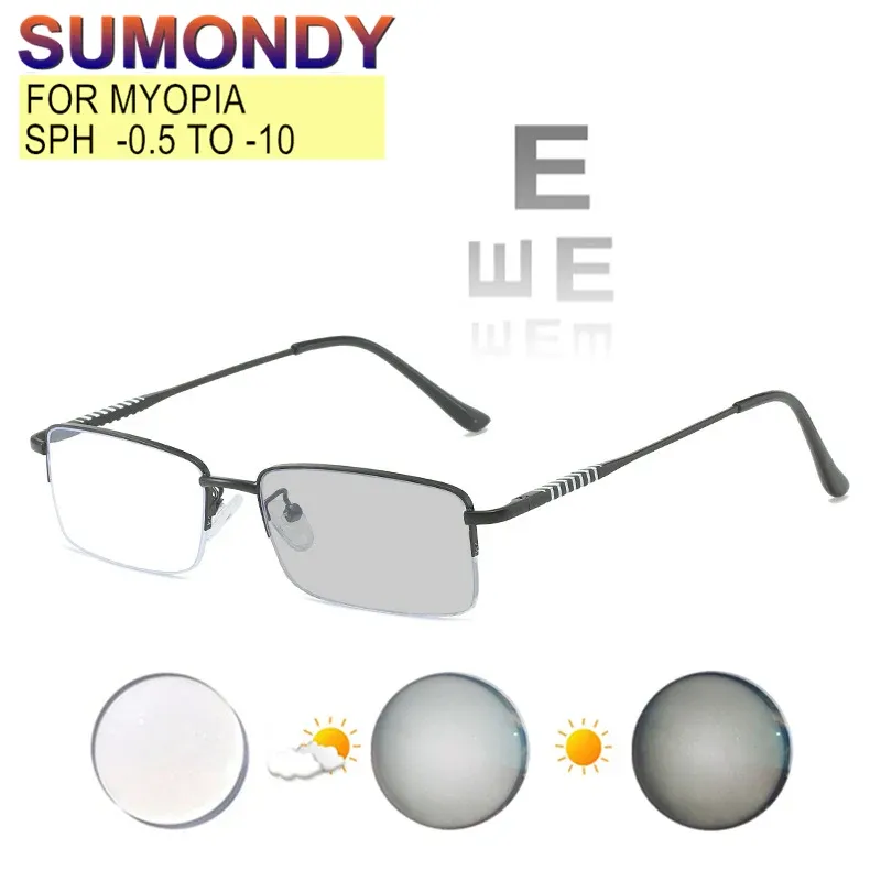 Çerçeveler Reçete Gözlükleri Miyopya 0.5 ila 10 Erkek Kadın Alaşım Yarım Çerçeve Yakın Görüş Astigmatizmi Mavi Işın Kanıtı veya Fotokromik UF03