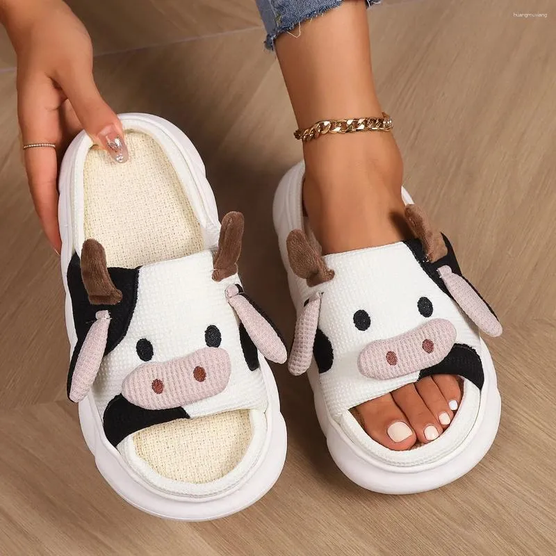 Pantoufles mignonnes dessin animé petite vache en lin universel maison sandales intérieures non glissantes pantoufle drôle pour femme couple chaussures